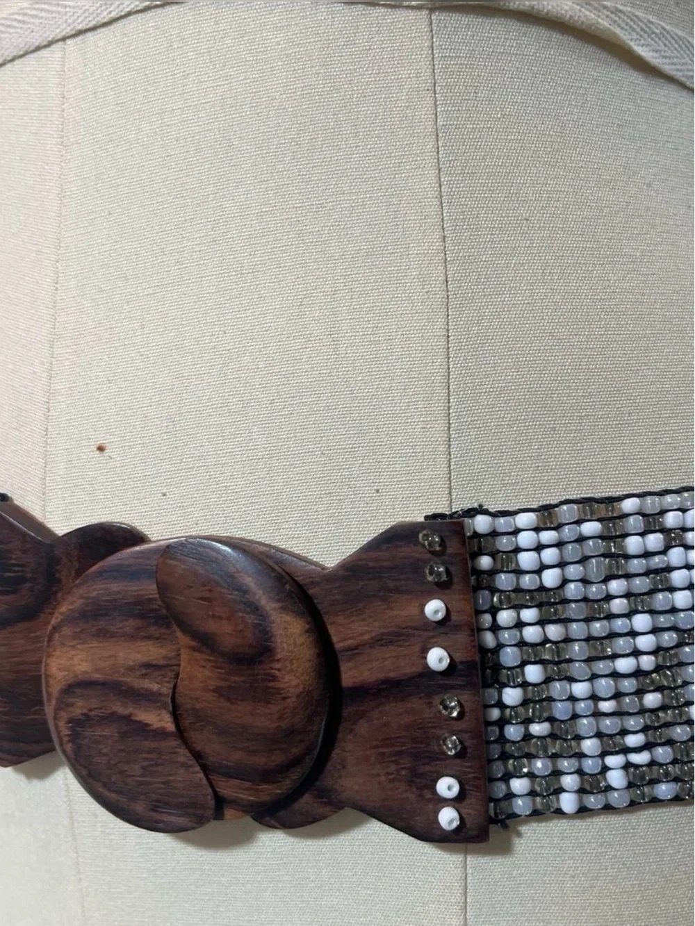 Vintage Beaded Stretch Belt Wooden Buckle Boho Artisan Waist Belt
